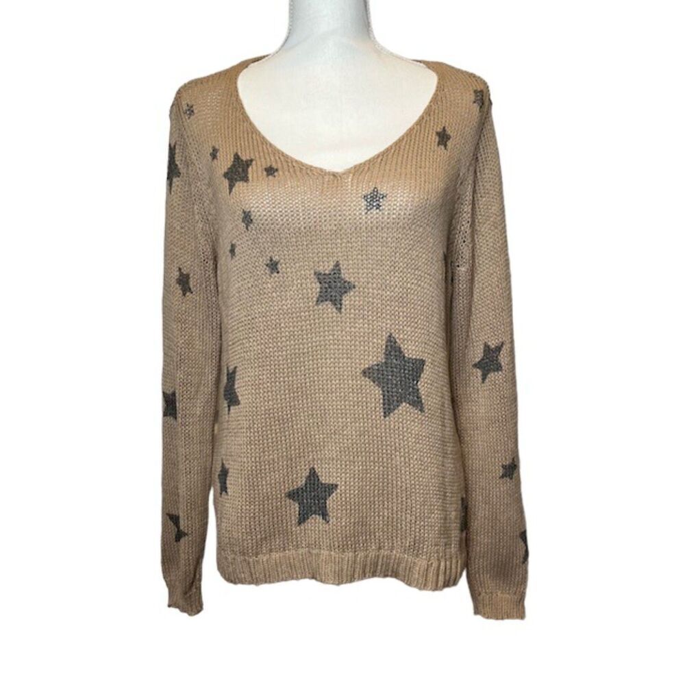 Wooden Ships Knit Sweater Natural Tan‎ Metallic Black Stars Oversized S/M